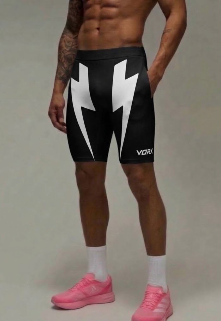 Man wearing black athletic shorts with white lightning bolt design and pink running shoes paired with white socks