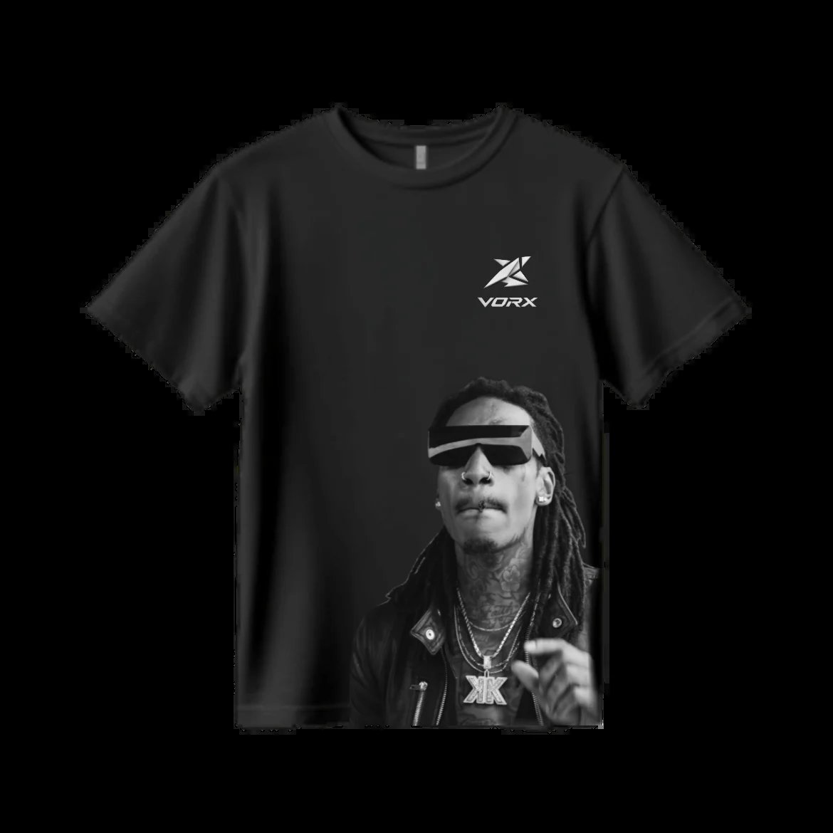 Black t-shirt with Vortex logo and monochrome image of person wearing sunglasses and cap