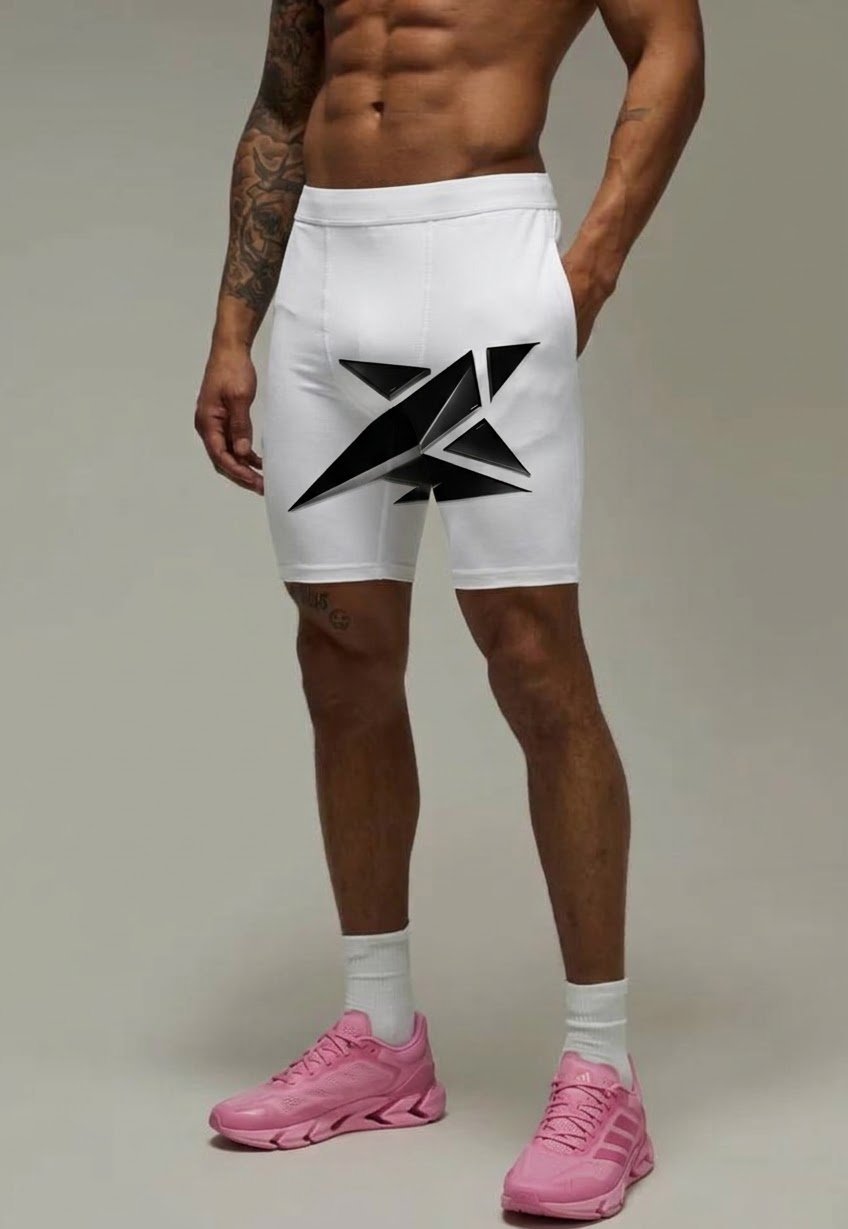Shirtless man wearing white shorts with black star logo, white socks, and pink sneakers against neutral background