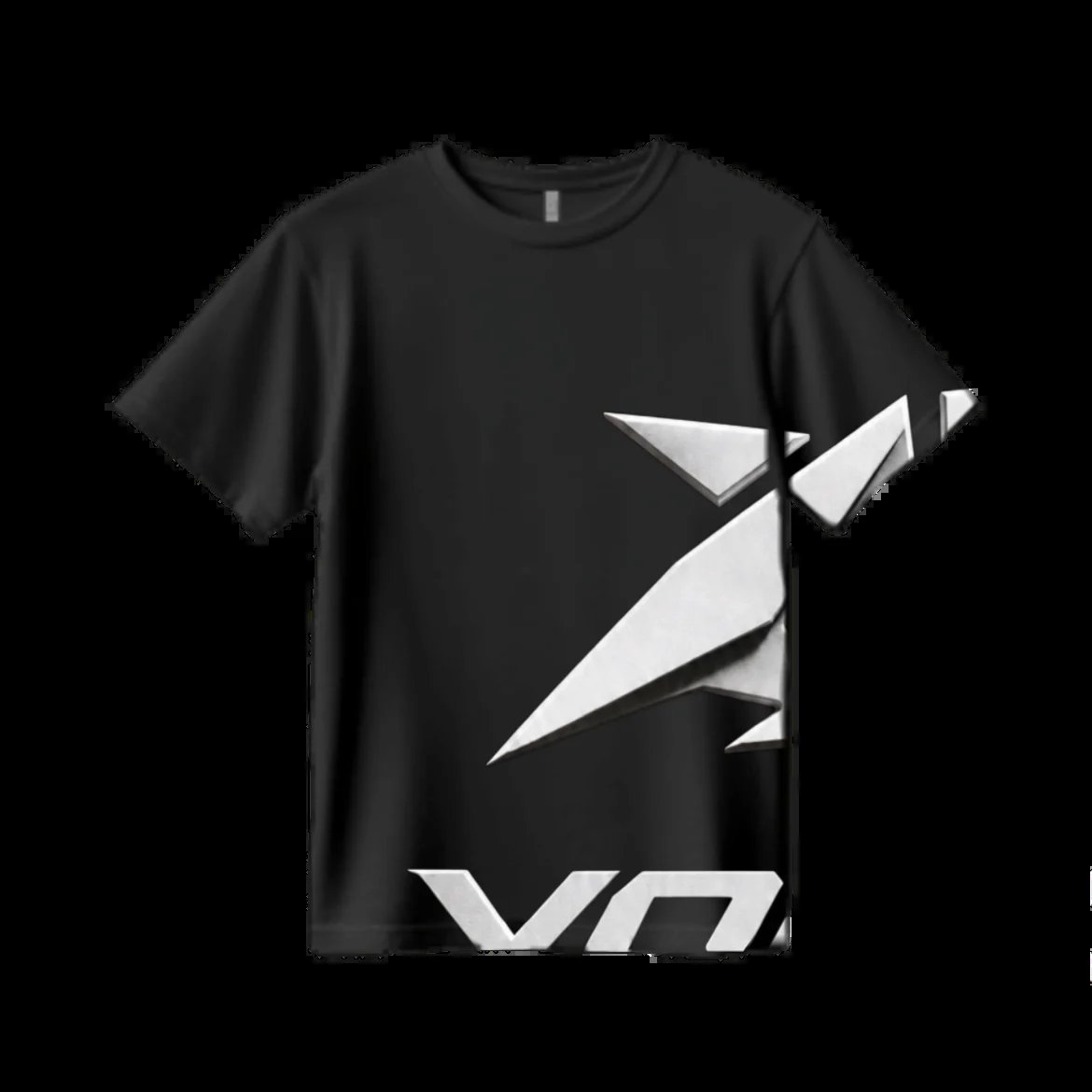 Black t-shirt with geometric white and gray angular design on the right side and partial logo at bottom