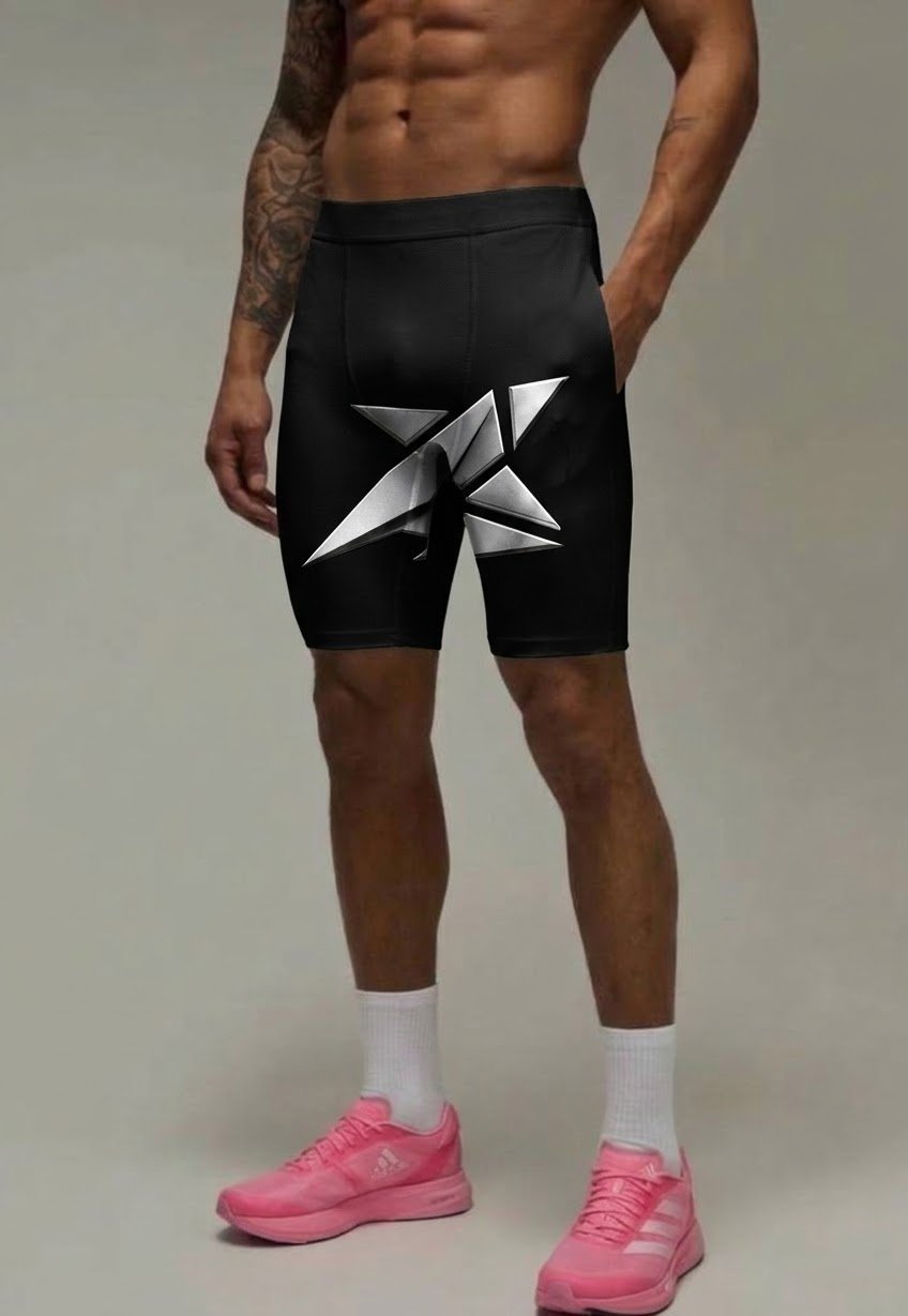 Man wearing black shorts with white star graphic, white socks, and pink sneakers, displaying athletic wear