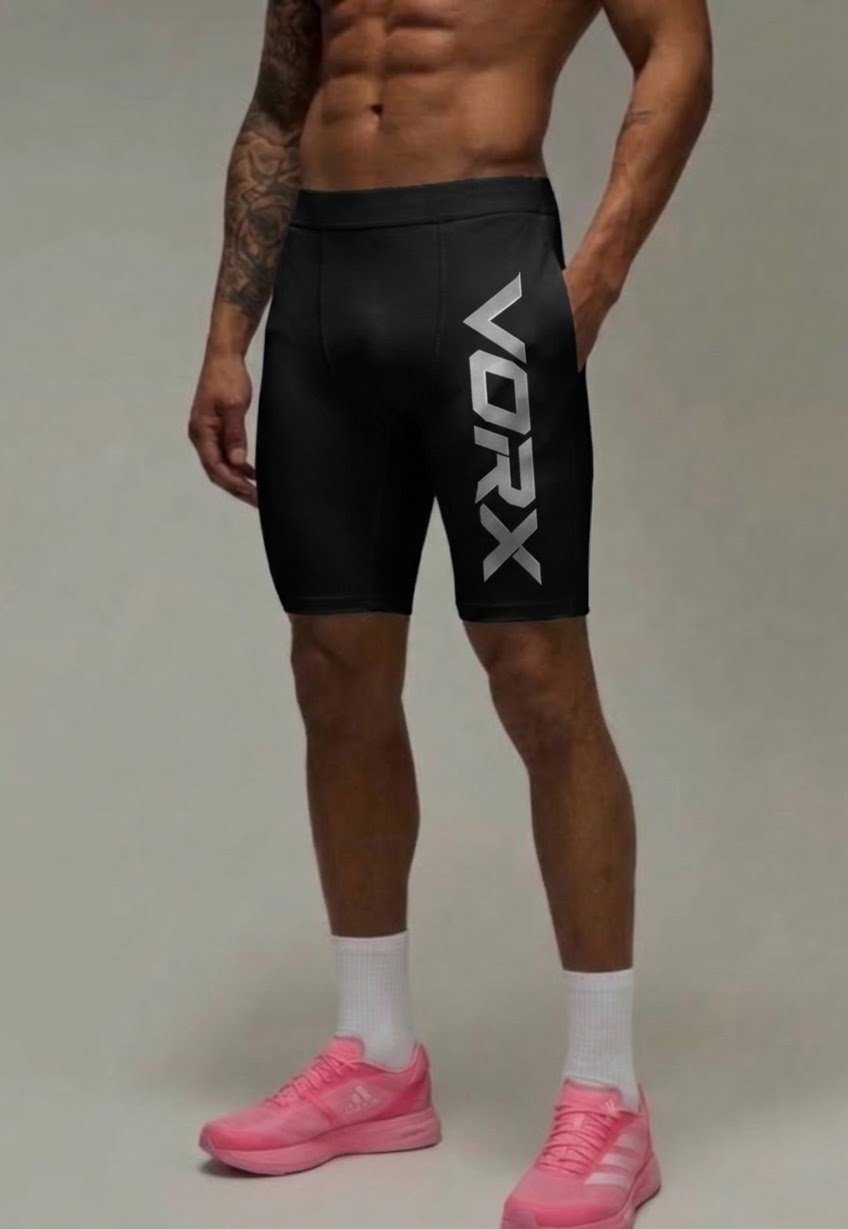 Shirtless man wearing black VRX athletic shorts, white socks, and pink sneakers against a gray background